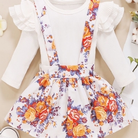 Baby Jenter Ruffle Langermede Topper + Floral Suspender Skjørt Sett Babyklær