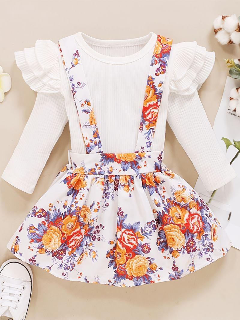 Baby Jenter Ruffle Langermede Topper + Floral Suspender Skjørt Sett Babyklær