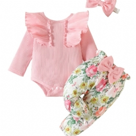 Baby Jenter Ruffle Langermet Bukse + Matchende Blomsterprint Bukser + Pannebånd Bodysuit Onesie Babyklær Dåp Layette Sett