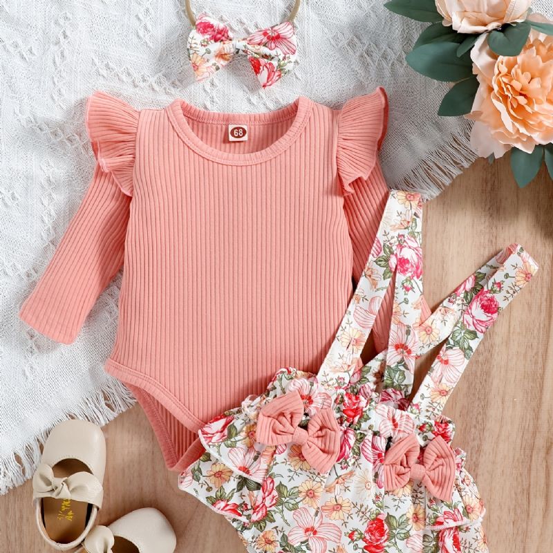 Baby Jenter Ruffle Langermet Bukse + Matchende Blomstertrykk Seleunderdel + Pannebåndsett Jente Antrekk
