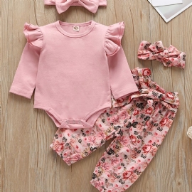 Baby Jenter Ruffle Langermet Romper Bodysuit + Matchende Bukser + Pannebåndsett Nyfødt Spedbarn Babyklær Layette Sett