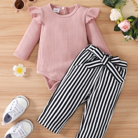 Baby Jenter Ruffle Langermet Romper Bodysuit + Stripe Buksesett Babyklær Antrekk Layette Sett