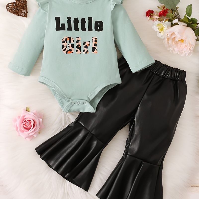 Baby Jenter Ruffle Langermet Romper + Faux Leather Flared Bukser Set Babyklær