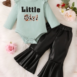 Baby Jenter Ruffle Langermet Romper + Faux Leather Flared Bukser Set Babyklær