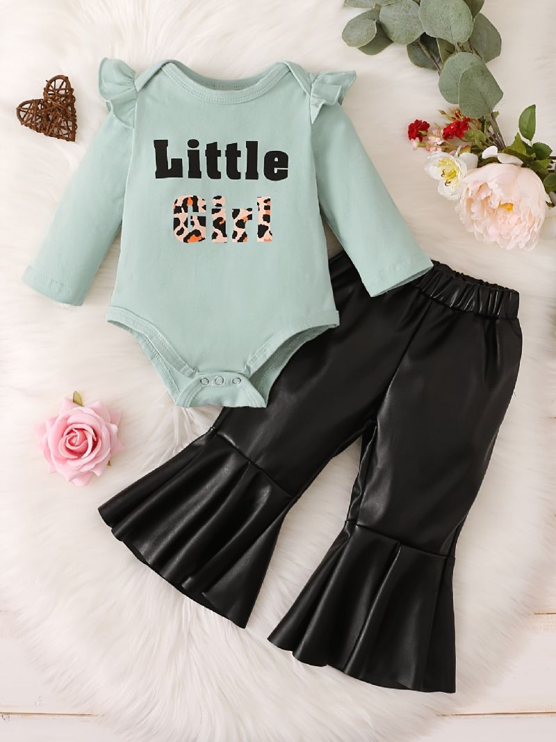 Baby Jenter Ruffle Langermet Romper + Faux Leather Flared Bukser Set Babyklær