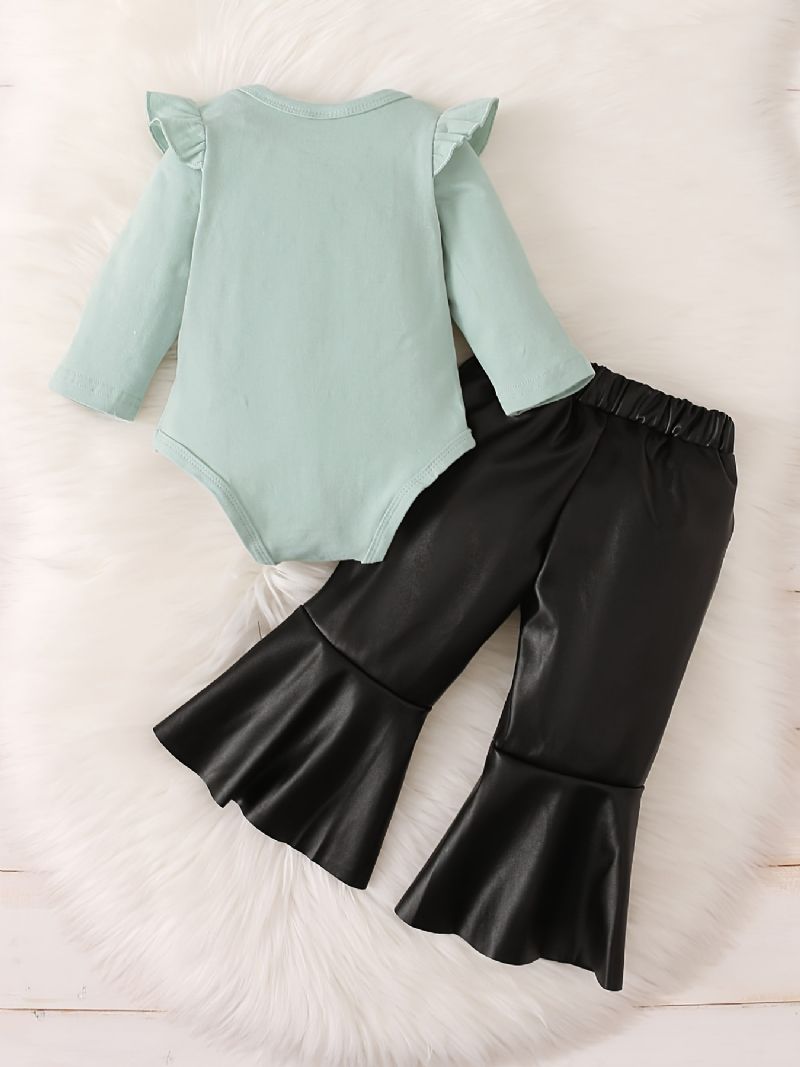 Baby Jenter Ruffle Langermet Romper + Faux Leather Flared Bukser Set Babyklær