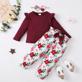 Baby Jenter Ruffle Langermet Top & Floral Print Buksesett