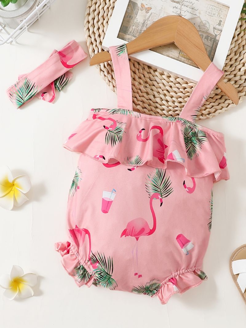 Baby-jenter-seletøy- Og Pannebåndsett Med Flamingo-trykk Babyklær