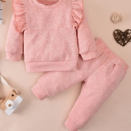 Baby Jenter Solid Ruffle Sleeve Top + Matchende Buksesett For Vinter Babyklær