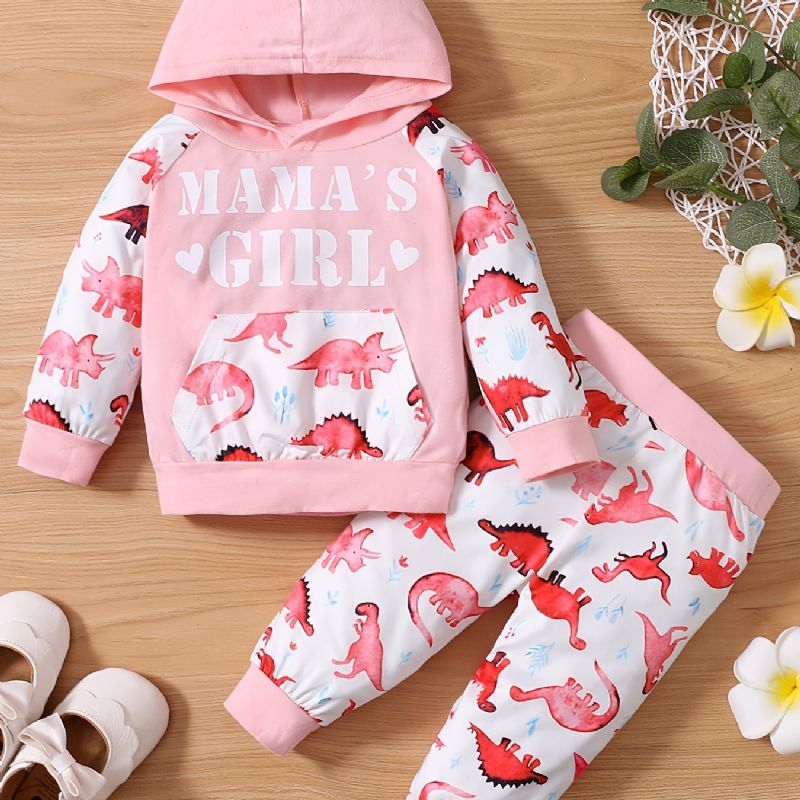 Baby Jenter Søt Dinosaur Print Hette Genser & Bukser Sett For Winter Pink