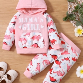 Baby Jenter Søt Dinosaur Print Hette Genser & Bukser Sett For Winter Pink