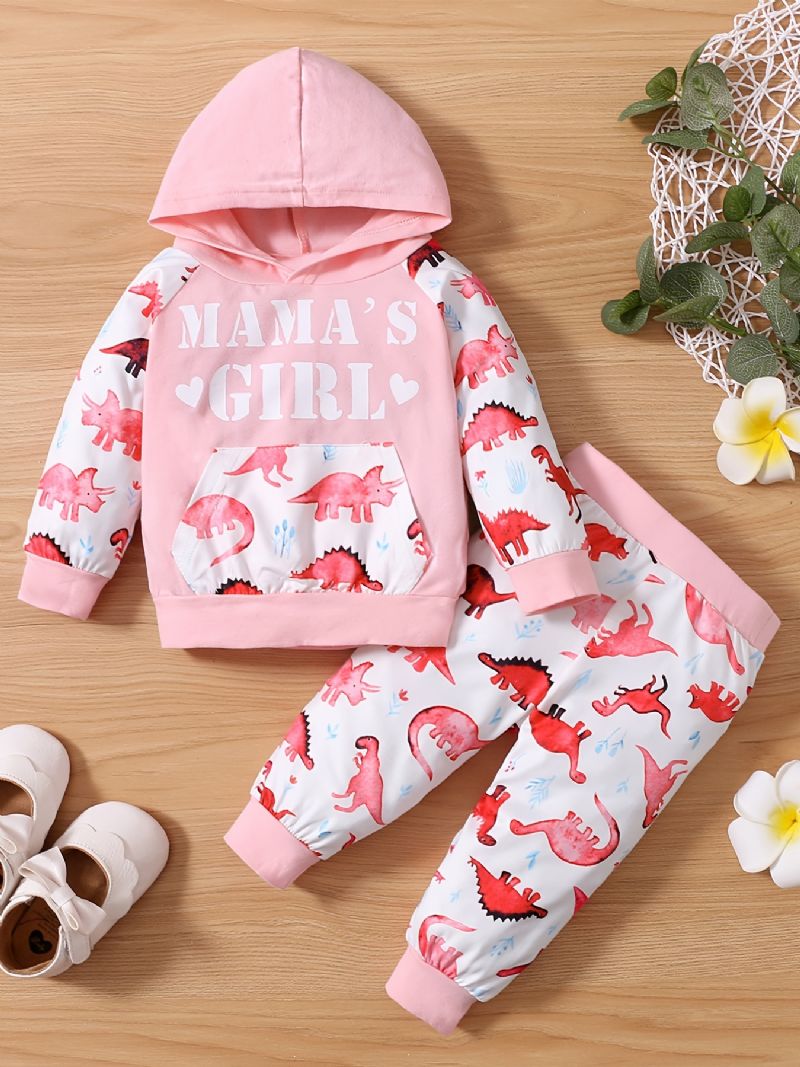 Baby Jenter Søt Dinosaur Print Hette Genser & Bukser Sett For Winter Pink