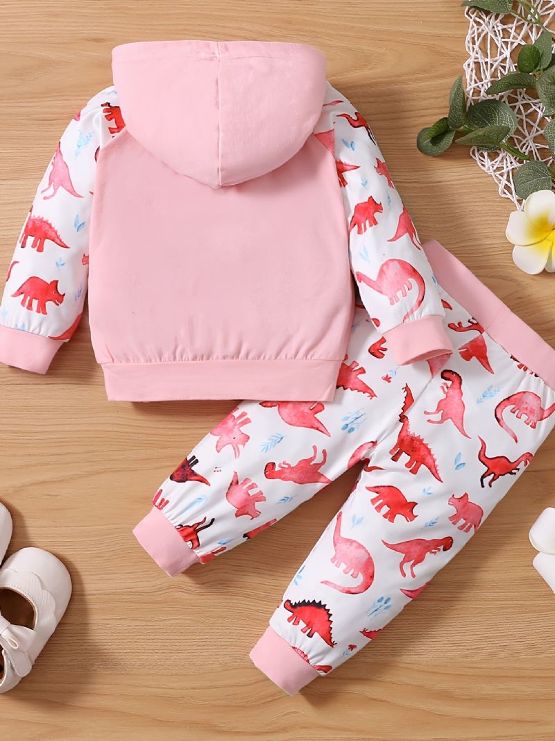 Baby Jenter Søt Dinosaur Print Hette Genser & Bukser Sett For Winter Pink