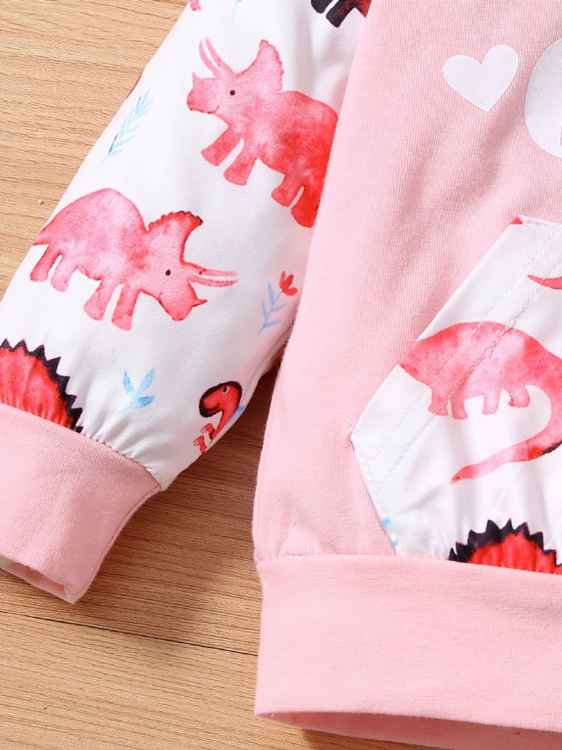 Baby Jenter Søt Dinosaur Print Hette Genser & Bukser Sett For Winter Pink