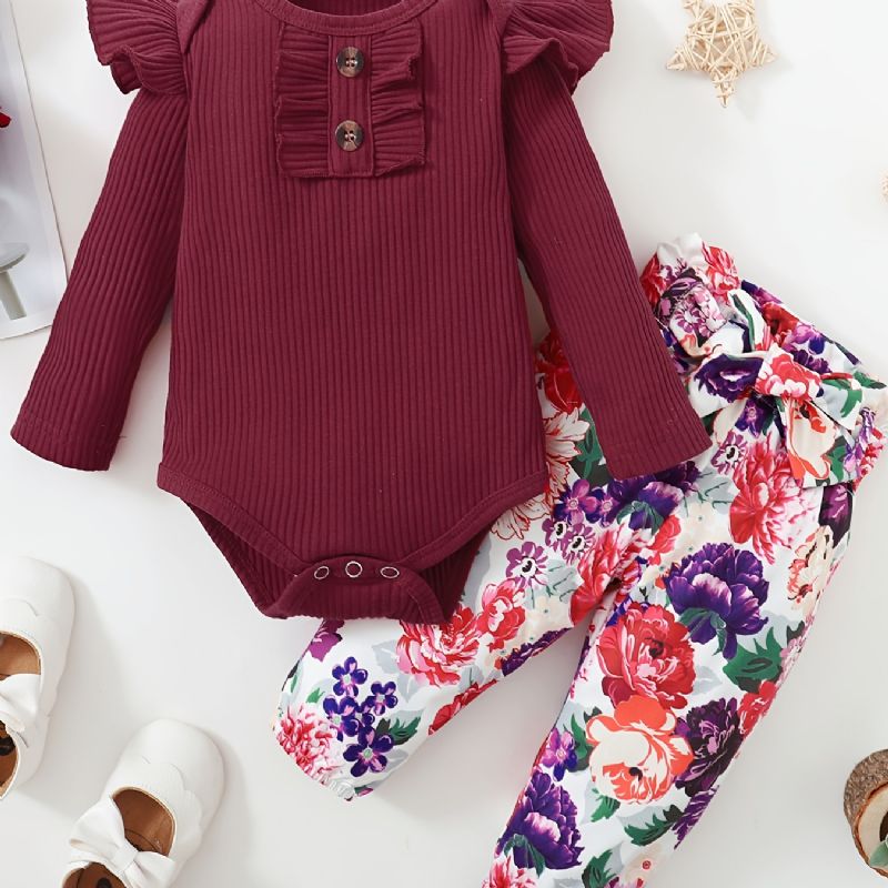 Baby Jenter Søt Romper Sett Med Ribbet Ruffled & Blomsterprint Bukser For Winter Christmas Party