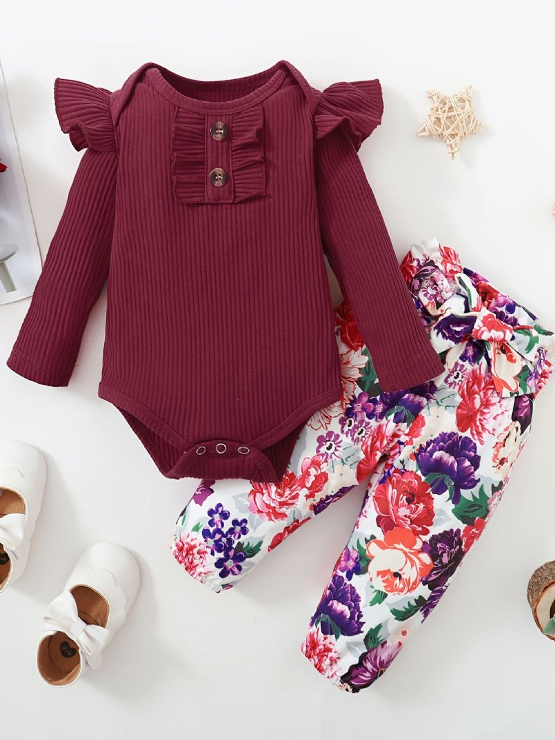 Baby Jenter Søt Romper Sett Med Ribbet Ruffled & Blomsterprint Bukser For Winter Christmas Party