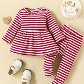 Baby Jenter Stripe Stretch Langermet Buksesett Med Rund Hals