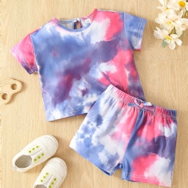 Baby Jenter Tie Dye Print T-skjorte & Sløyfe Stretchy Midje Shortssett