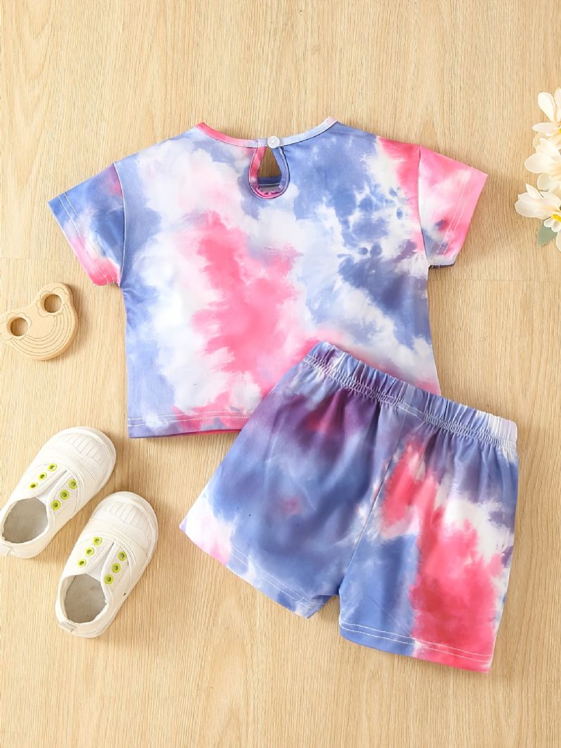 Baby Jenter Tie Dye Print T-skjorte & Sløyfe Stretchy Midje Shortssett