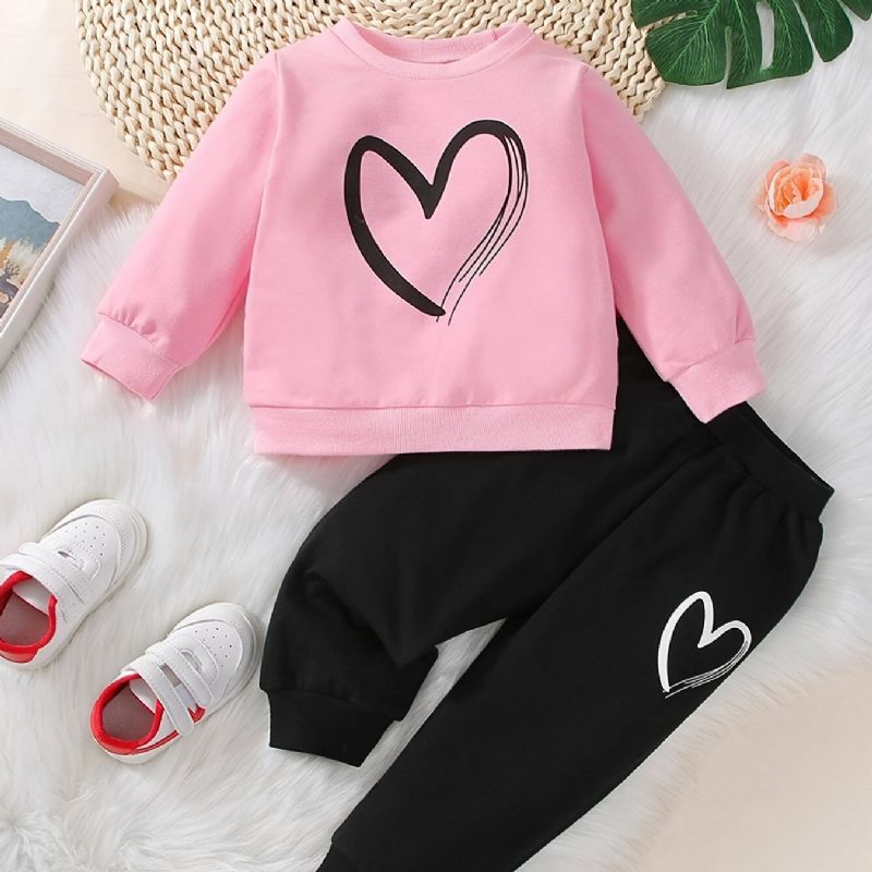 Baby Jenter Uformelt Aktiv Sett Med Rosa Hjerte Print Genser Sweatshirt Og Joggebukse