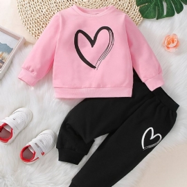 Baby Jenter Uformelt Aktiv Sett Med Rosa Hjerte Print Genser Sweatshirt Og Joggebukse