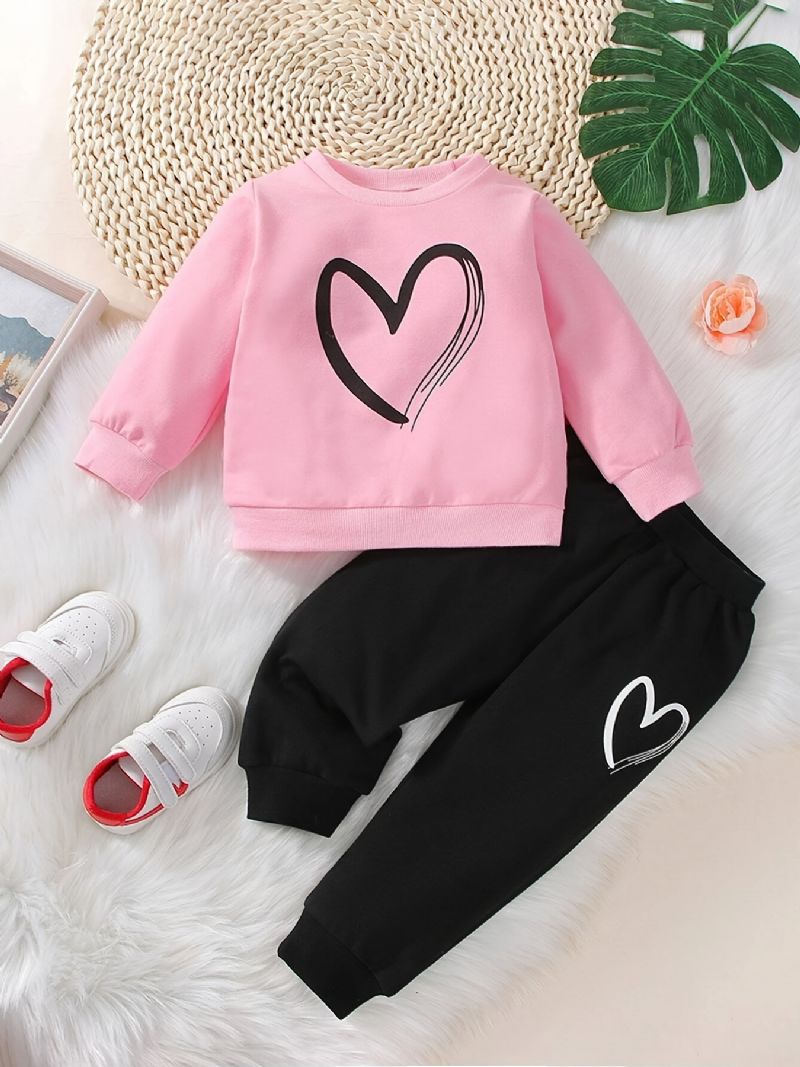 Baby Jenter Uformelt Aktiv Sett Med Rosa Hjerte Print Genser Sweatshirt Og Joggebukse