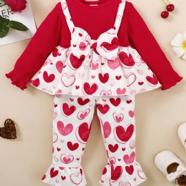 Baby Småbarn Jenter Bowknot Langermet Topp + Matchende Blussede Bukser Med Blomstermønster Sett Barn Antrekk Til Jul
