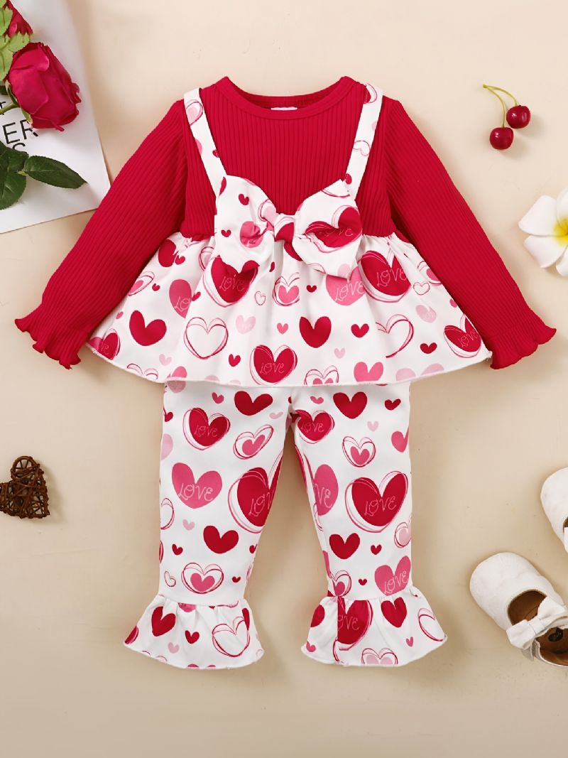 Baby Småbarn Jenter Bowknot Langermet Topp + Matchende Blussede Bukser Med Blomstermønster Sett Barn Antrekk Til Jul