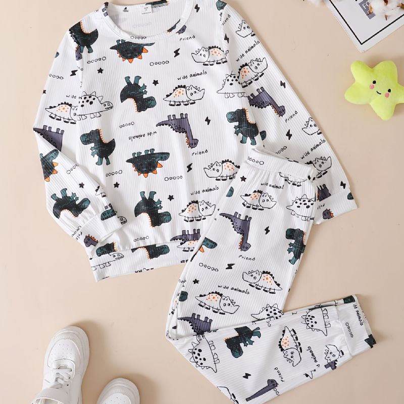 Barn Gutter Lounge Wear Homewear Langermet Topp Og Matchende Bukser Med Dinosaurtrykk