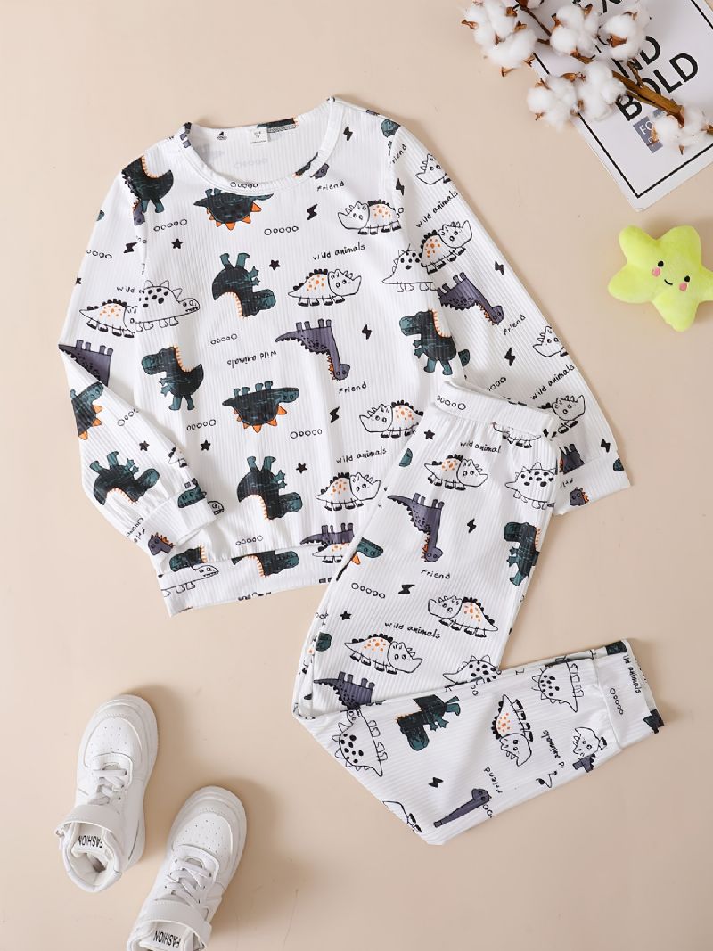 Barn Gutter Lounge Wear Homewear Langermet Topp Og Matchende Bukser Med Dinosaurtrykk