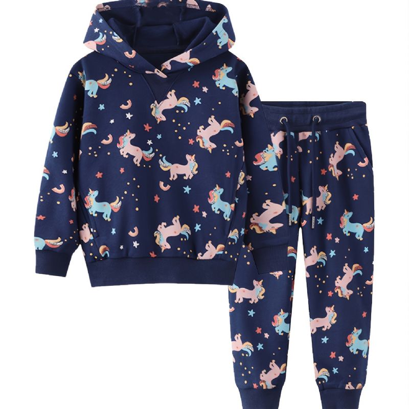 Barn Jenter Unicorn Print Hettegenser Sweatshirt Buksesett Høst Vinter