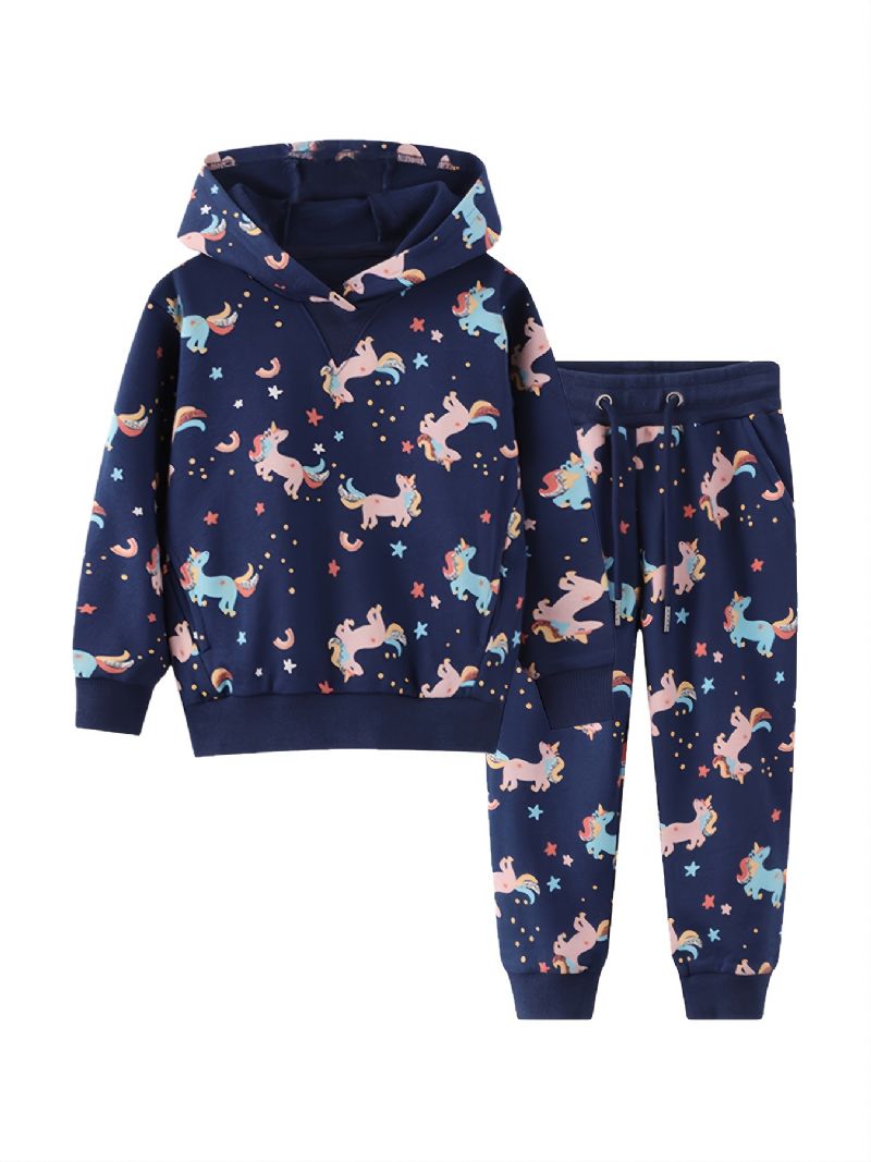 Barn Jenter Unicorn Print Hettegenser Sweatshirt Buksesett Høst Vinter