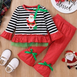 Barn Julesett Baby Jenter Stripet Julenisse Broderi Flare Erme Topp Polka Dot Sløyfe Flared Buksesett