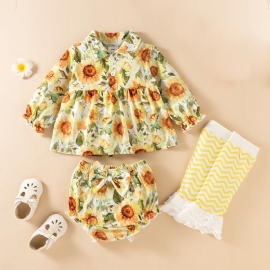 Blomstertrykk For Jenter Peplum Topp + Shorts + Knebeskyttere Sett Babyklær