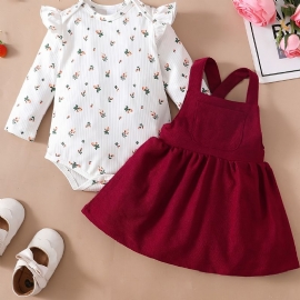 Blomstertrykk For Jenter Ruffle Skulder Romper Bodysuit + Ensfarget Hengselkjolesett Babyklær