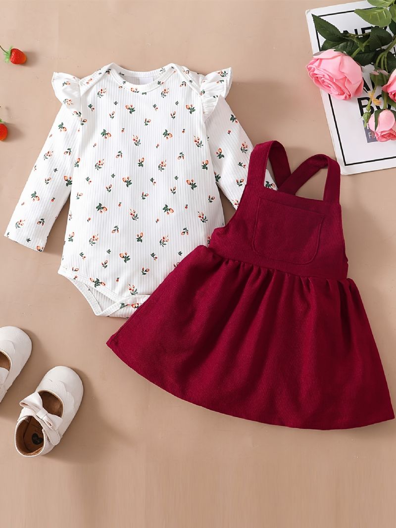 Blomstertrykk For Jenter Ruffle Skulder Romper Bodysuit + Ensfarget Hengselkjolesett Babyklær