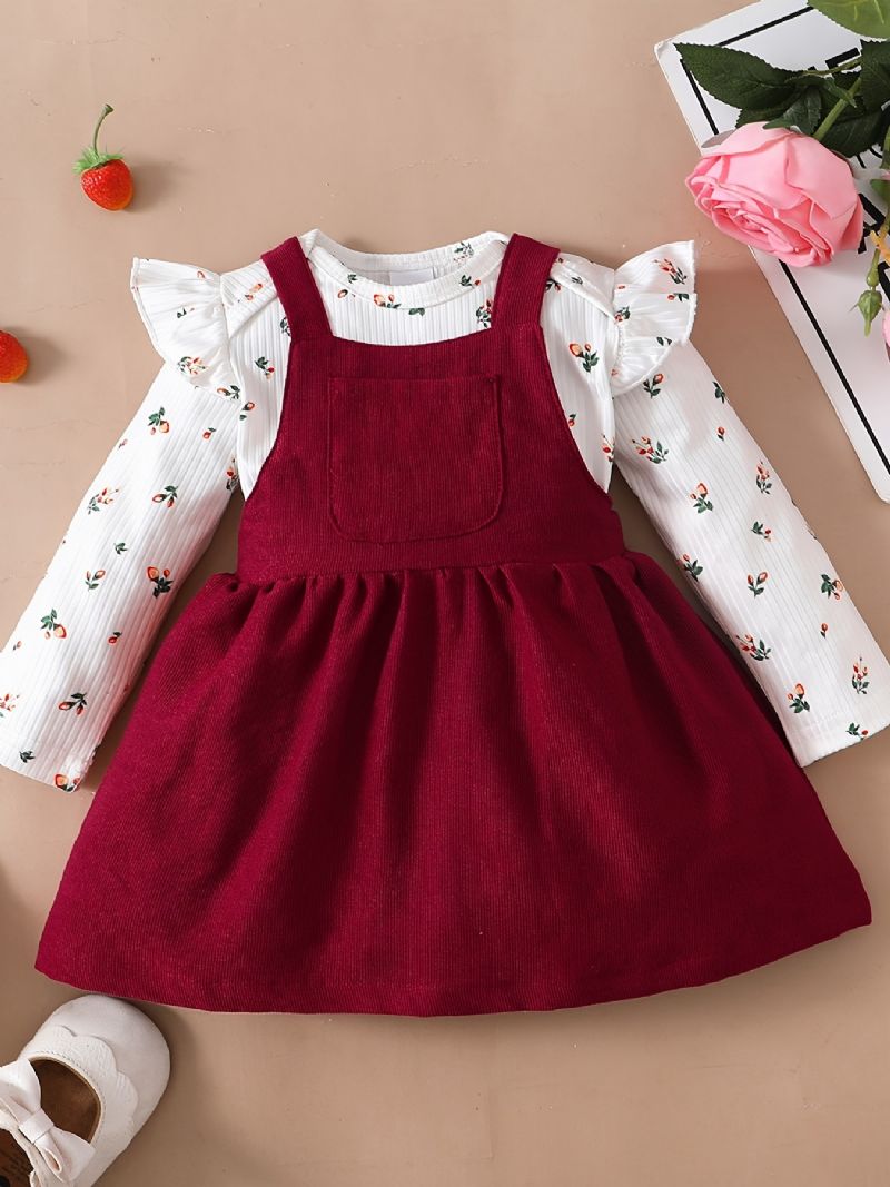 Blomstertrykk For Jenter Ruffle Skulder Romper Bodysuit + Ensfarget Hengselkjolesett Babyklær