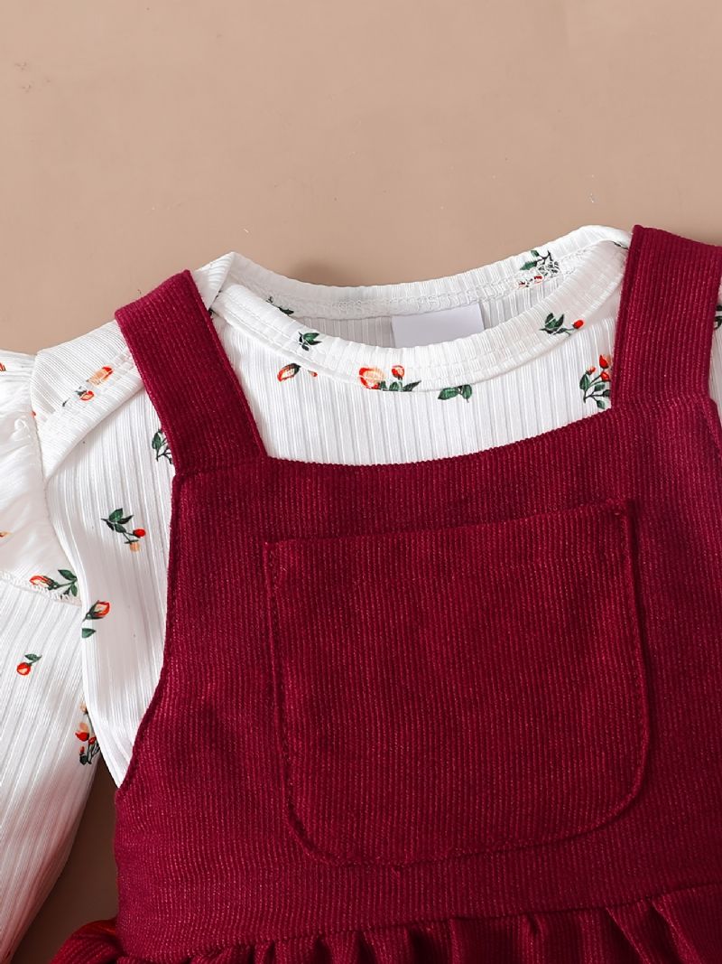 Blomstertrykk For Jenter Ruffle Skulder Romper Bodysuit + Ensfarget Hengselkjolesett Babyklær