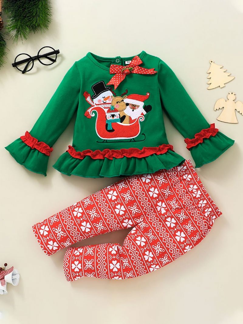 Christmas Two Piece Festival Jenter Ruffle Print Langermet Bukser