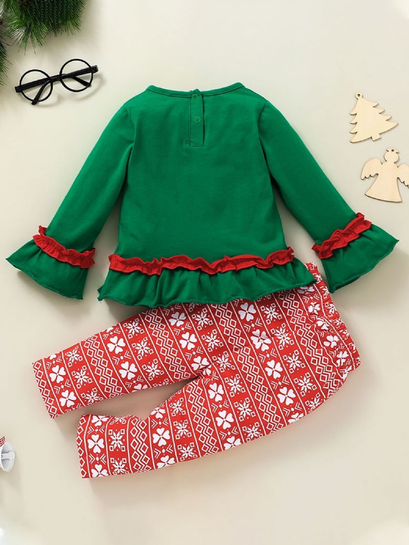 Christmas Two Piece Festival Jenter Ruffle Print Langermet Bukser