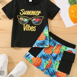 Gutter Brevbriller Ananas Print Tee & Pocket Shorts Barneklær Sett