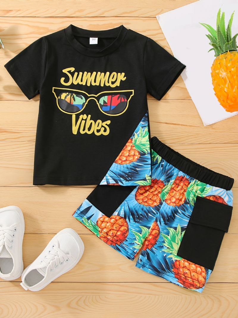 Gutter Brevbriller Ananas Print Tee & Pocket Shorts Barneklær Sett