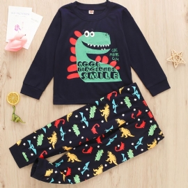 Gutter Casual Søt Dinosaur Printed Langermet Crew Neck Toppbukser 2 Stk Sett