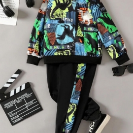 Gutter Dinosaur Print Langermet Sweatshirt & Contrast Joggebuksesett