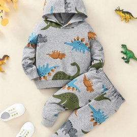 Gutter Dinosaur Print Pullover Hettegenser + Buksesett Antrekk Babyklær