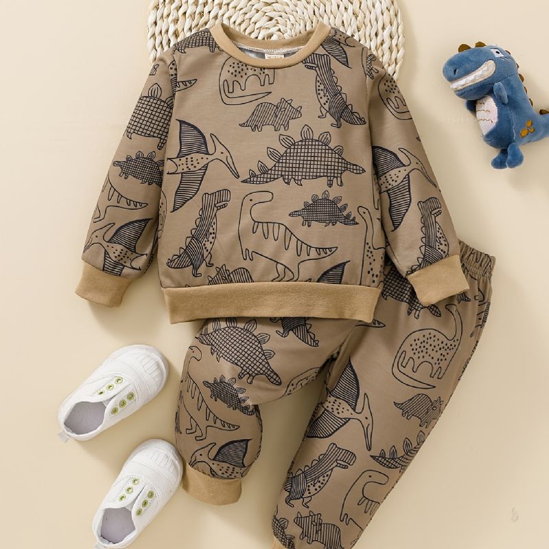 Gutter Dinosaur Print Rundhalset Sweatshirt + Buksesett Babyklær