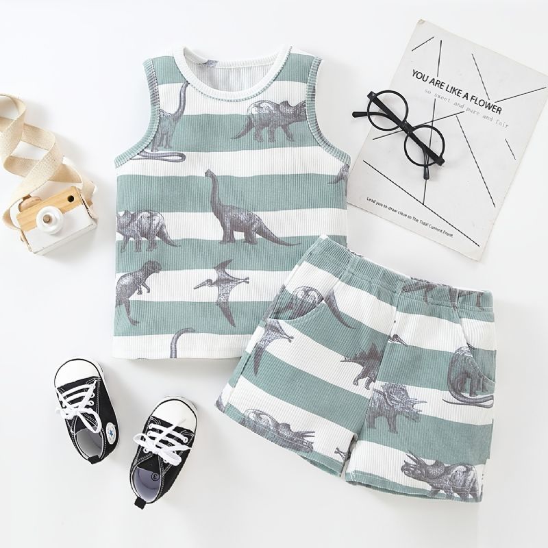 Gutter Dinosaur Print Stripet Tank Top + Shorts Med Lommesett Barneklær Til Sommeren