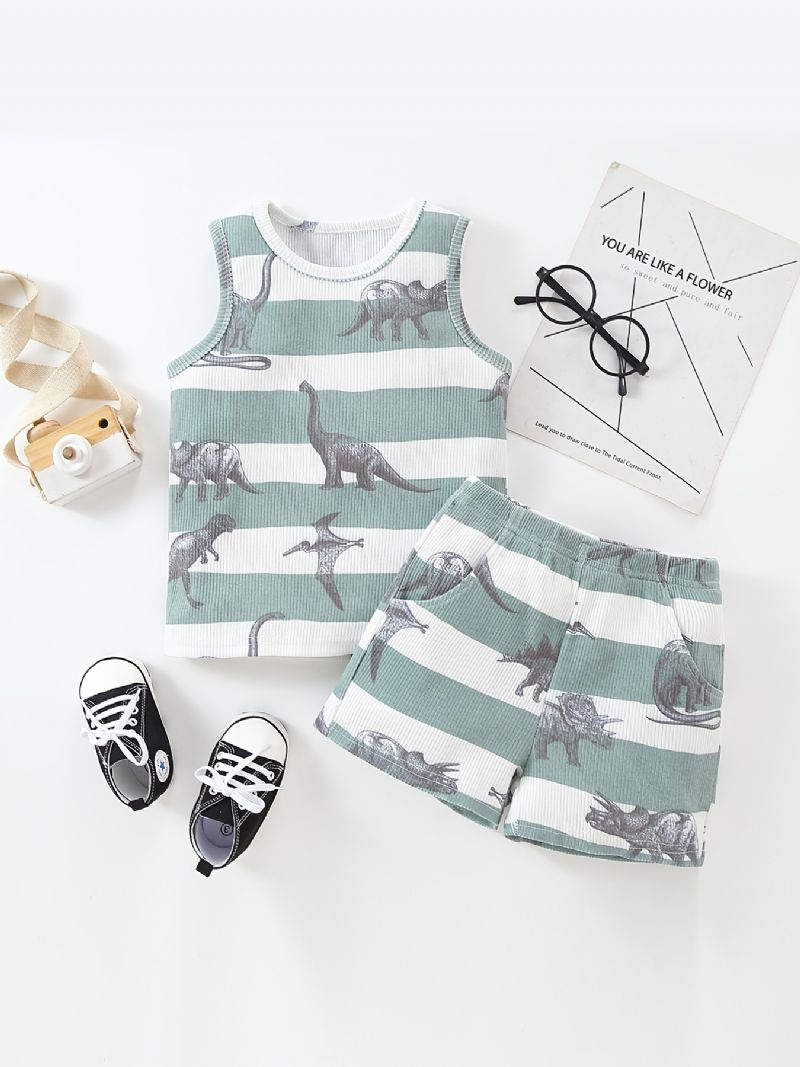 Gutter Dinosaur Print Stripet Tank Top + Shorts Med Lommesett Barneklær Til Sommeren