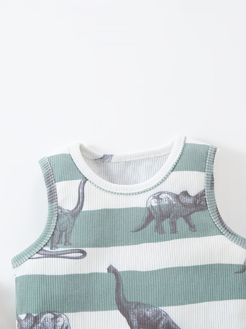 Gutter Dinosaur Print Stripet Tank Top + Shorts Med Lommesett Barneklær Til Sommeren