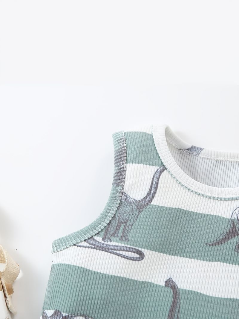 Gutter Dinosaur Print Stripet Tank Top + Shorts Med Lommesett Barneklær Til Sommeren